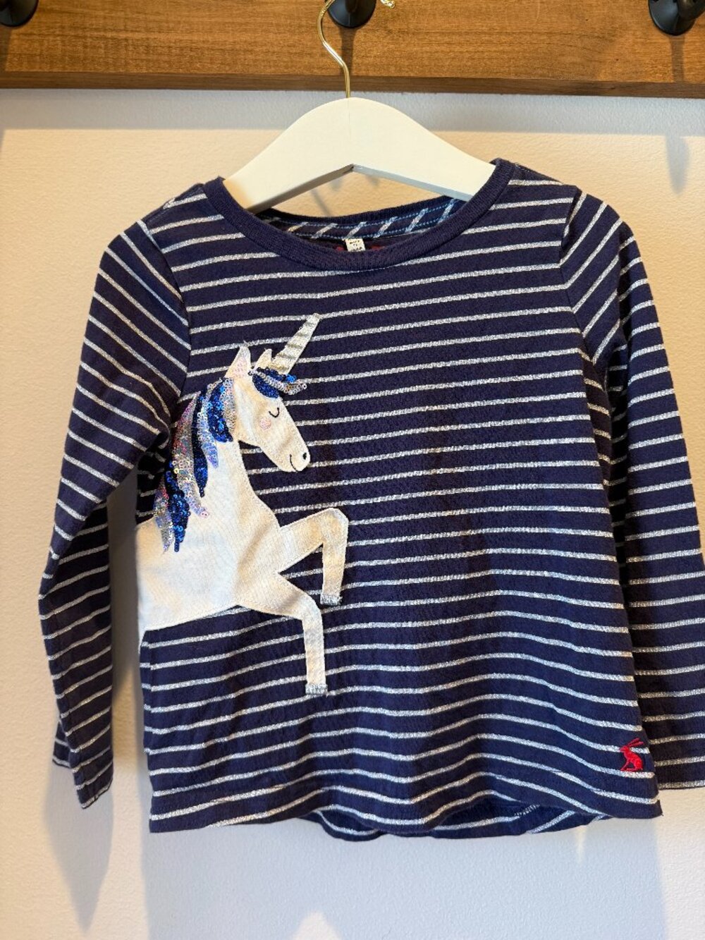 Joules Unicorn Appliqué Breton Stripe Long Sleeve Tee
